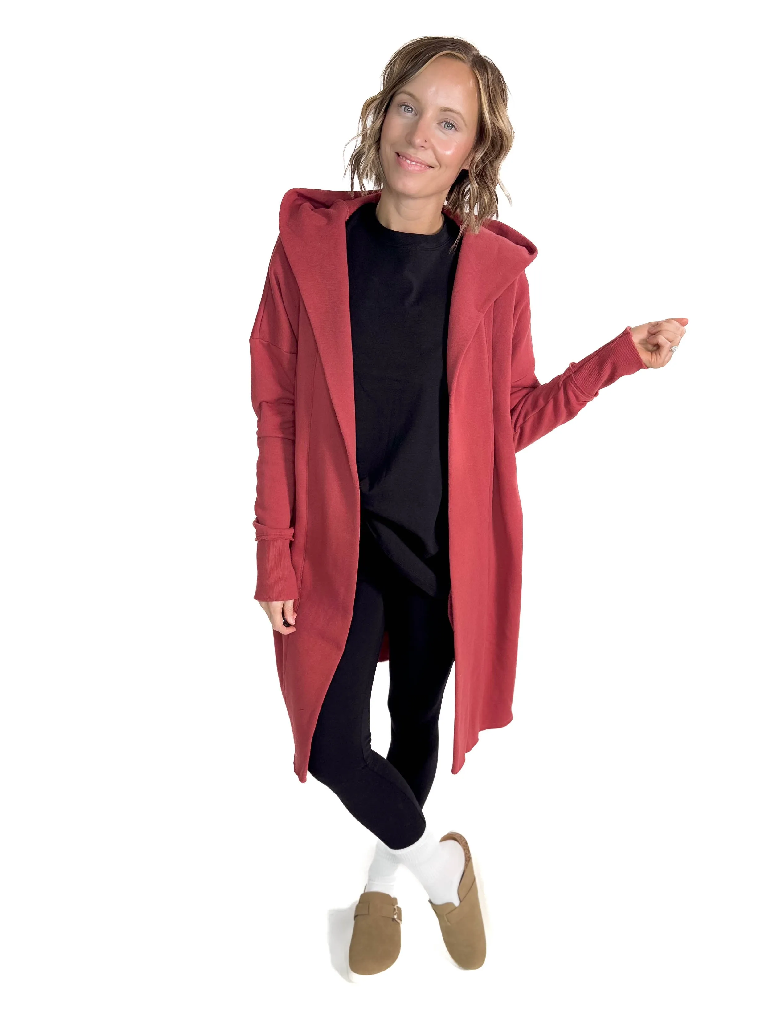 MONO B Whistler Longline Hoodie Cardigan- RED PEAR