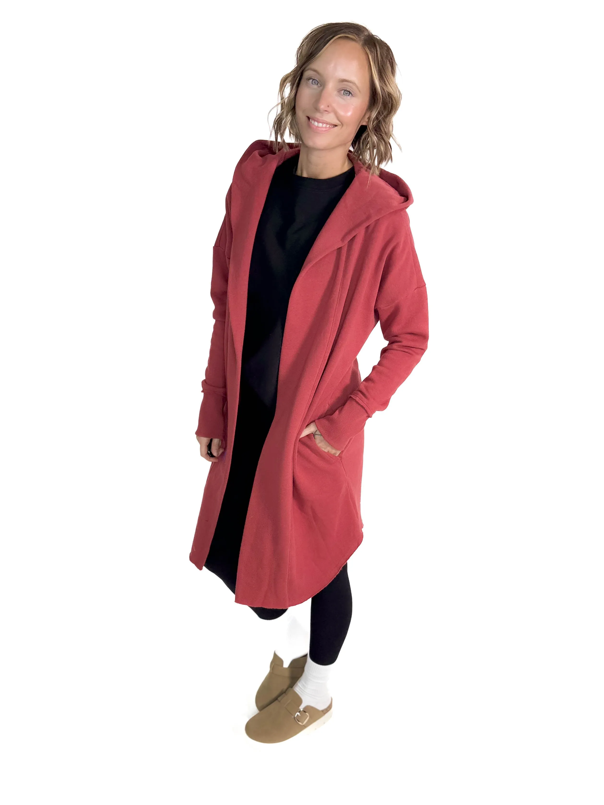 MONO B Whistler Longline Hoodie Cardigan- RED PEAR