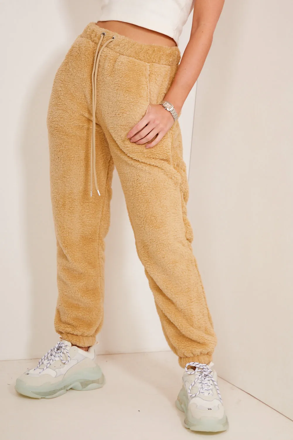 Ottilie Beige High Waisted Teddy Joggers