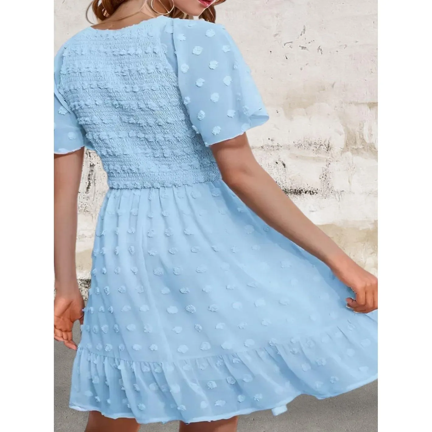 Plus Size Short Sleeve V-neck Flounce A-line Dress