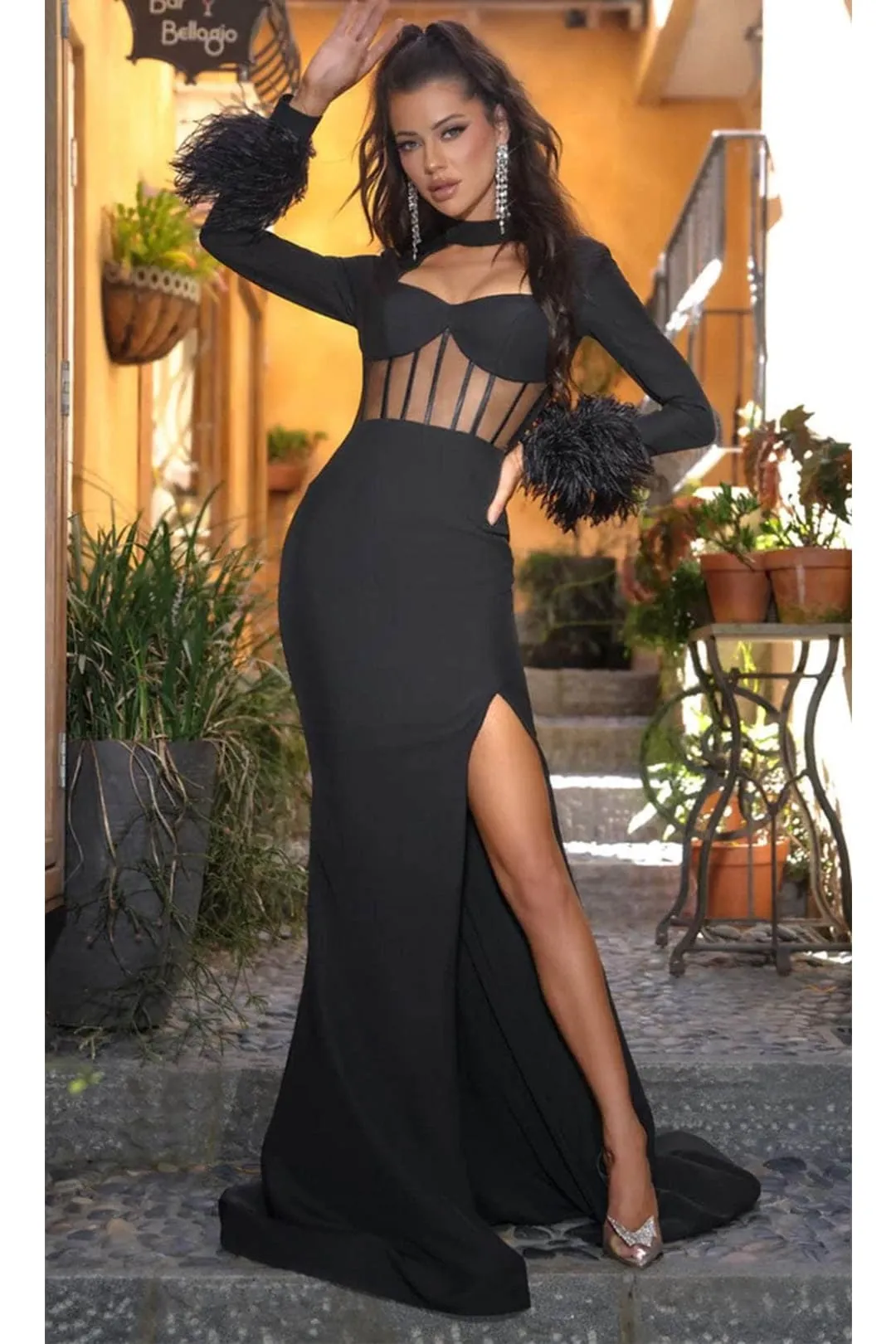 Portia and Scarlett PS24416 -long- Prom Dress with High Neck and Feathered Cuffs