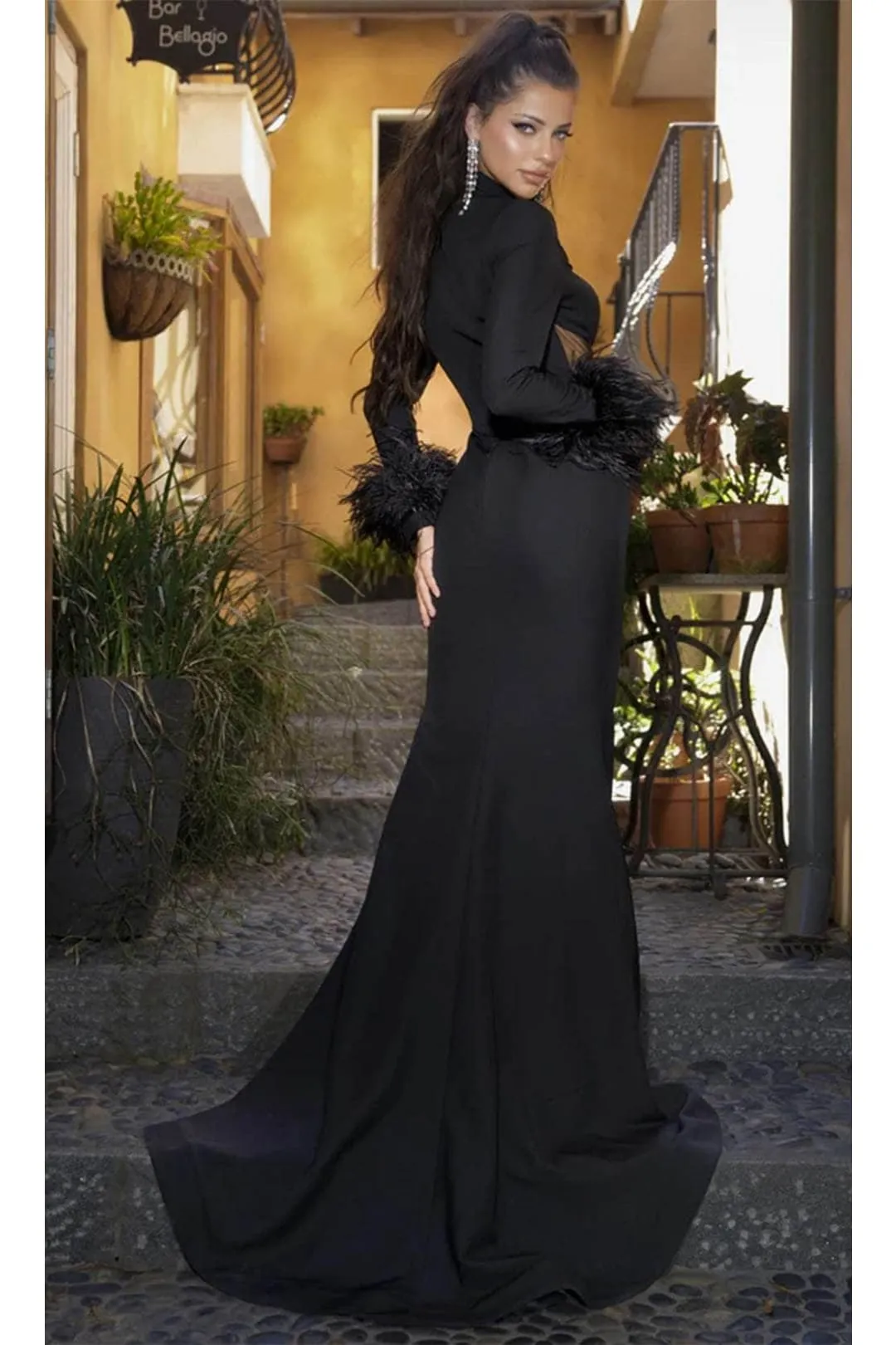 Portia and Scarlett PS24416 -long- Prom Dress with High Neck and Feathered Cuffs