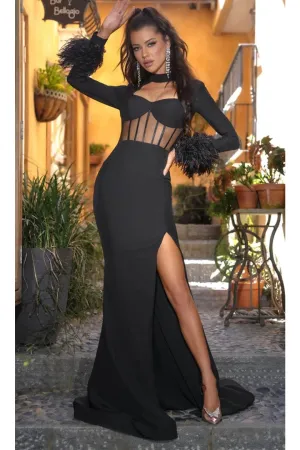 Portia and Scarlett PS24416 -long- Prom Dress with High Neck and Feathered Cuffs