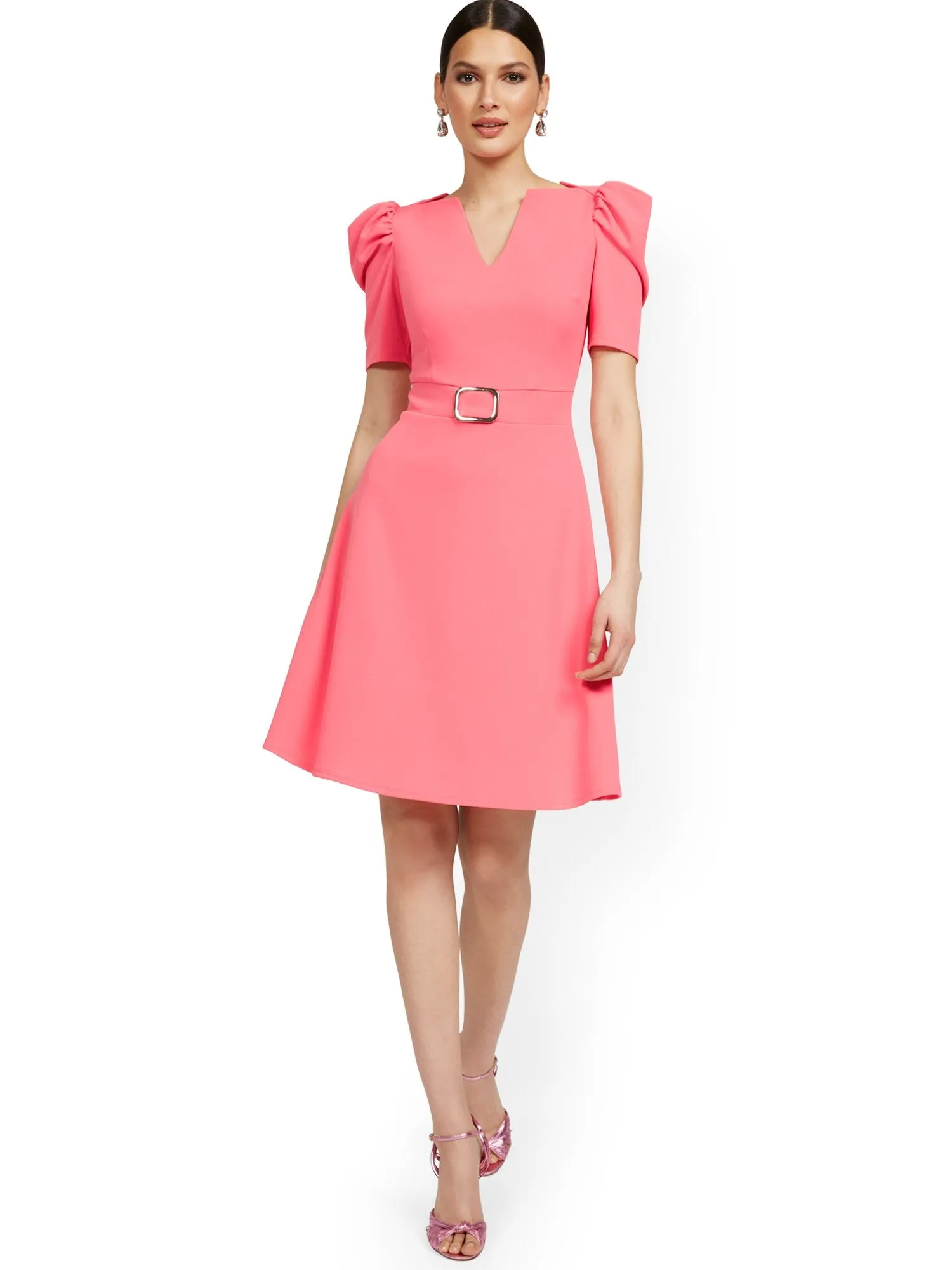 Puff-Sleeve Buckle Flare Dress - Magic Crepe®