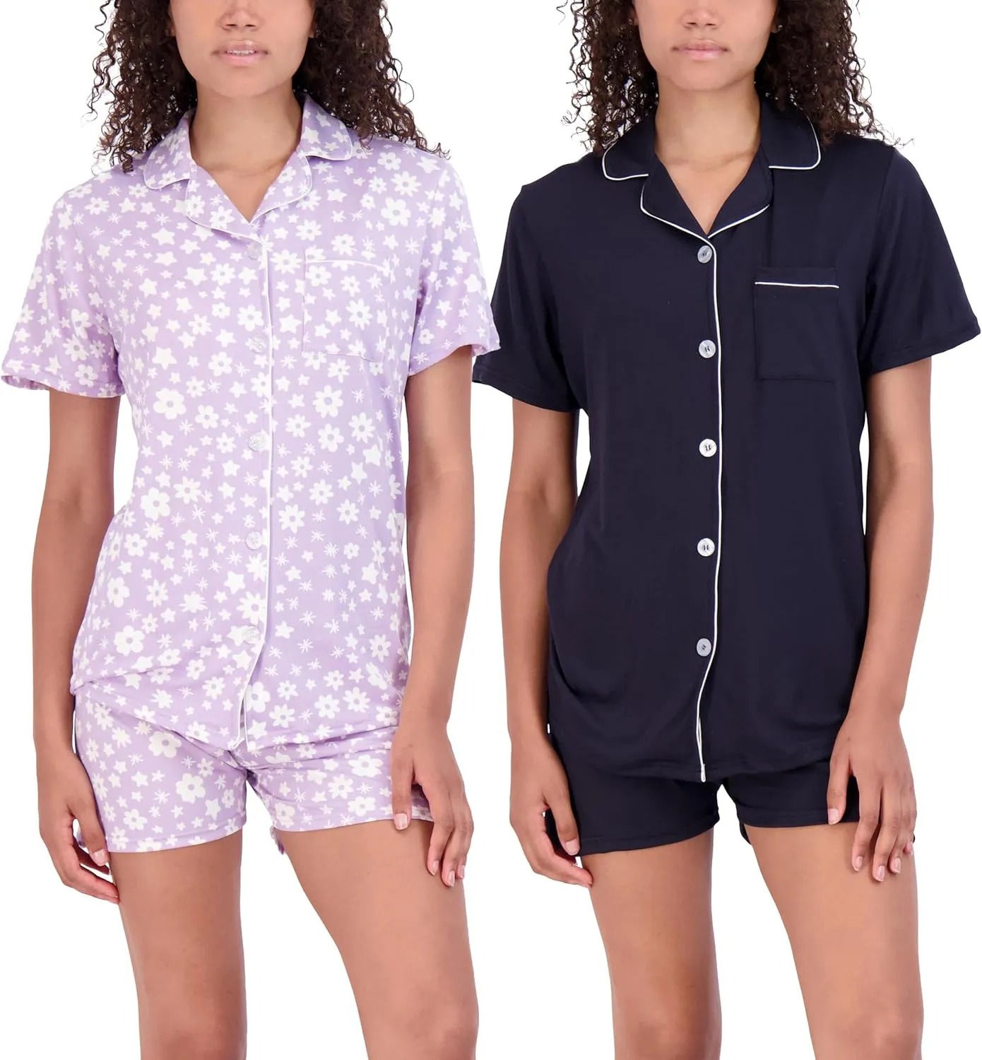 Real Essentials 2 Pack: Women's Pajamas Set Button Down Shorts Soft Matching Sleepwear (Available In Plus)