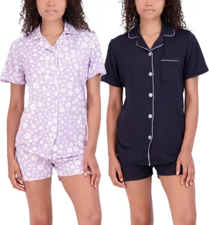 Real Essentials 2 Pack: Women's Pajamas Set Button Down Shorts Soft Matching Sleepwear (Available In Plus)