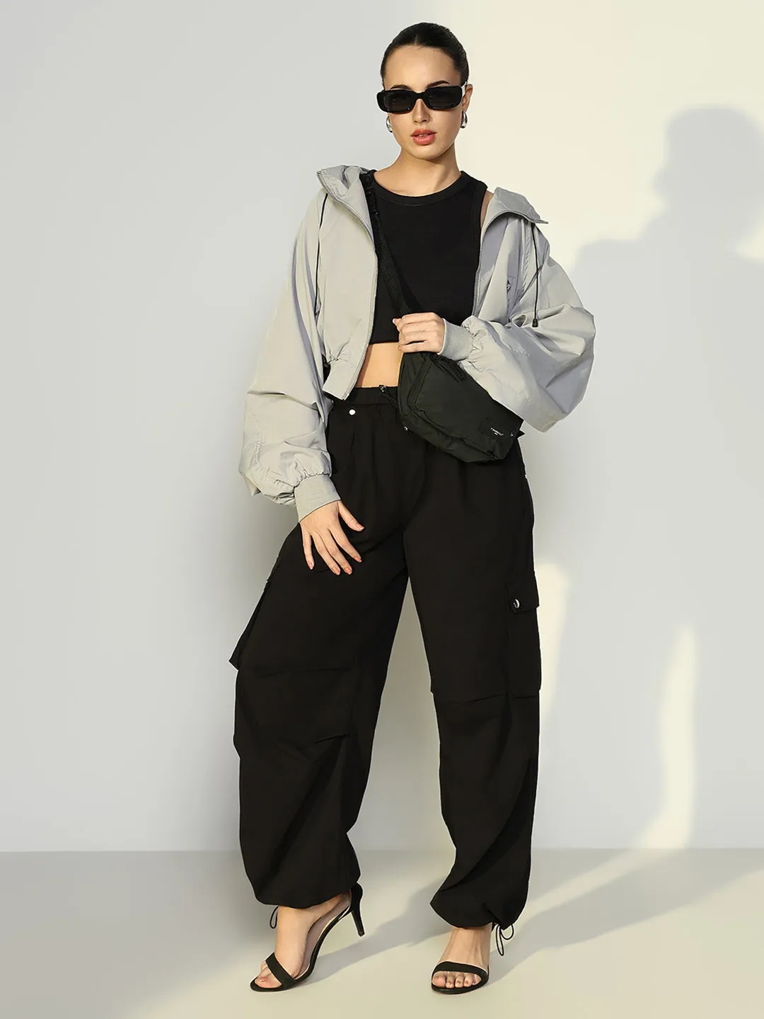 SHOWOFFFF Edition Women's Grey Oversized Bomber Jacket with Zip Detail
