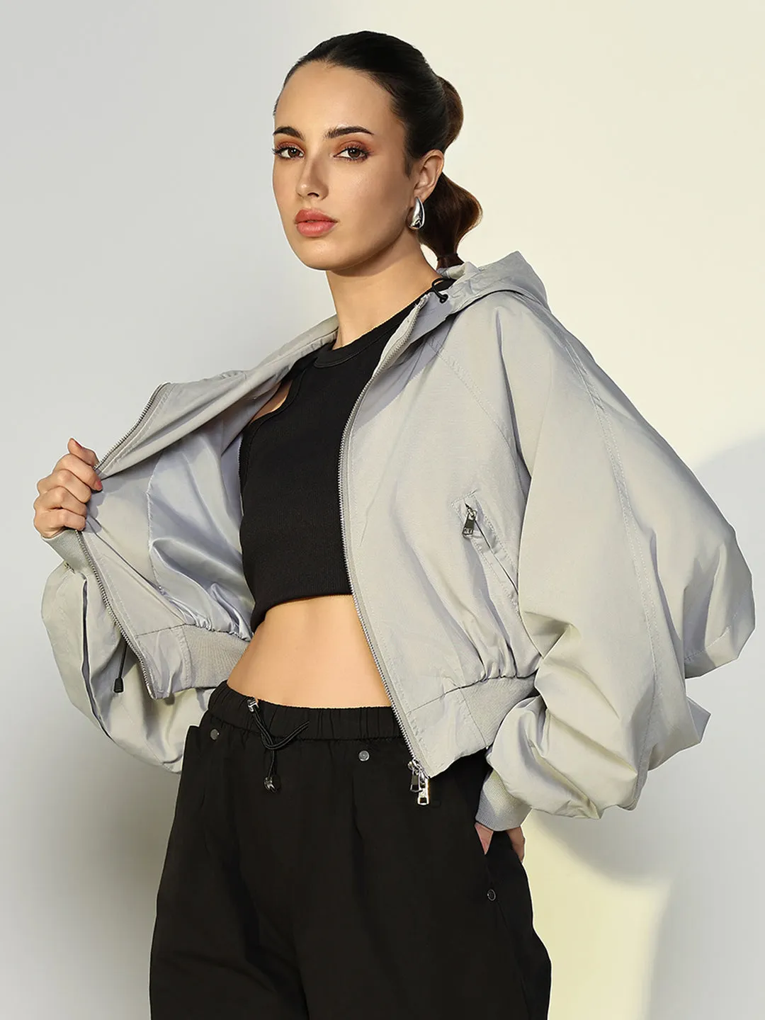 SHOWOFFFF Edition Women's Grey Oversized Bomber Jacket with Zip Detail
