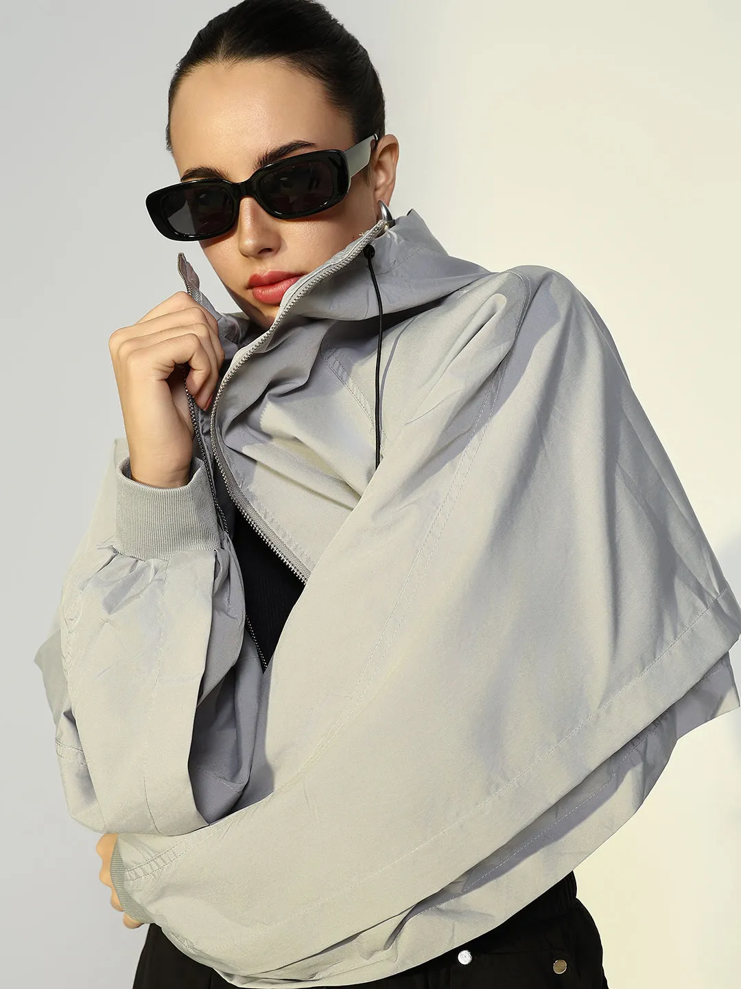 SHOWOFFFF Edition Women's Grey Oversized Bomber Jacket with Zip Detail