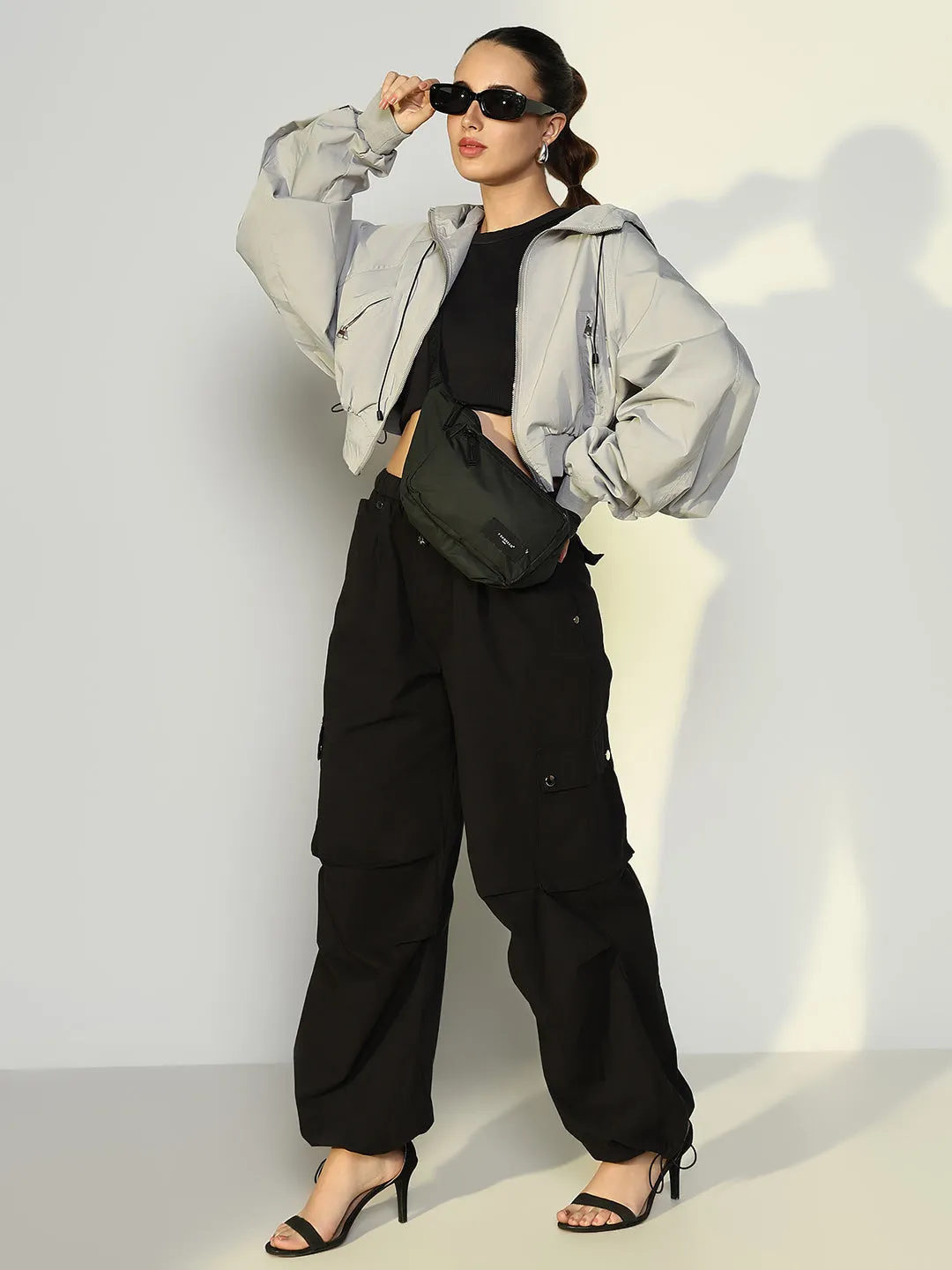 SHOWOFFFF Edition Women's Grey Oversized Bomber Jacket with Zip Detail