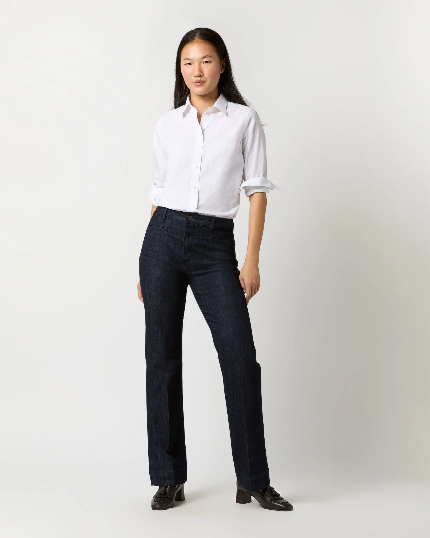 Sibyl Shirt in White/Grey Pinstripe Washed Poplin