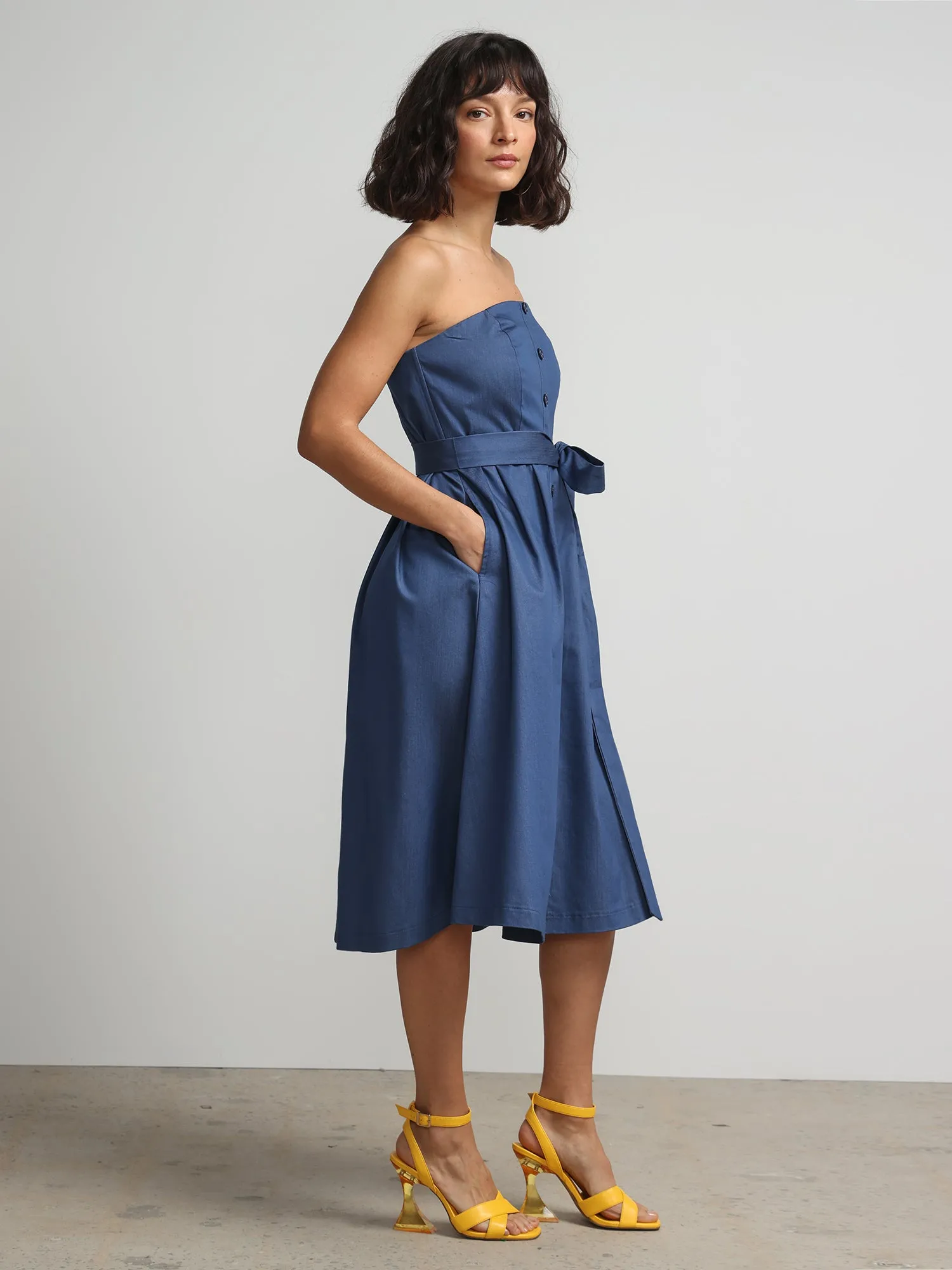 Strapless Belted Denim Flare Dress
