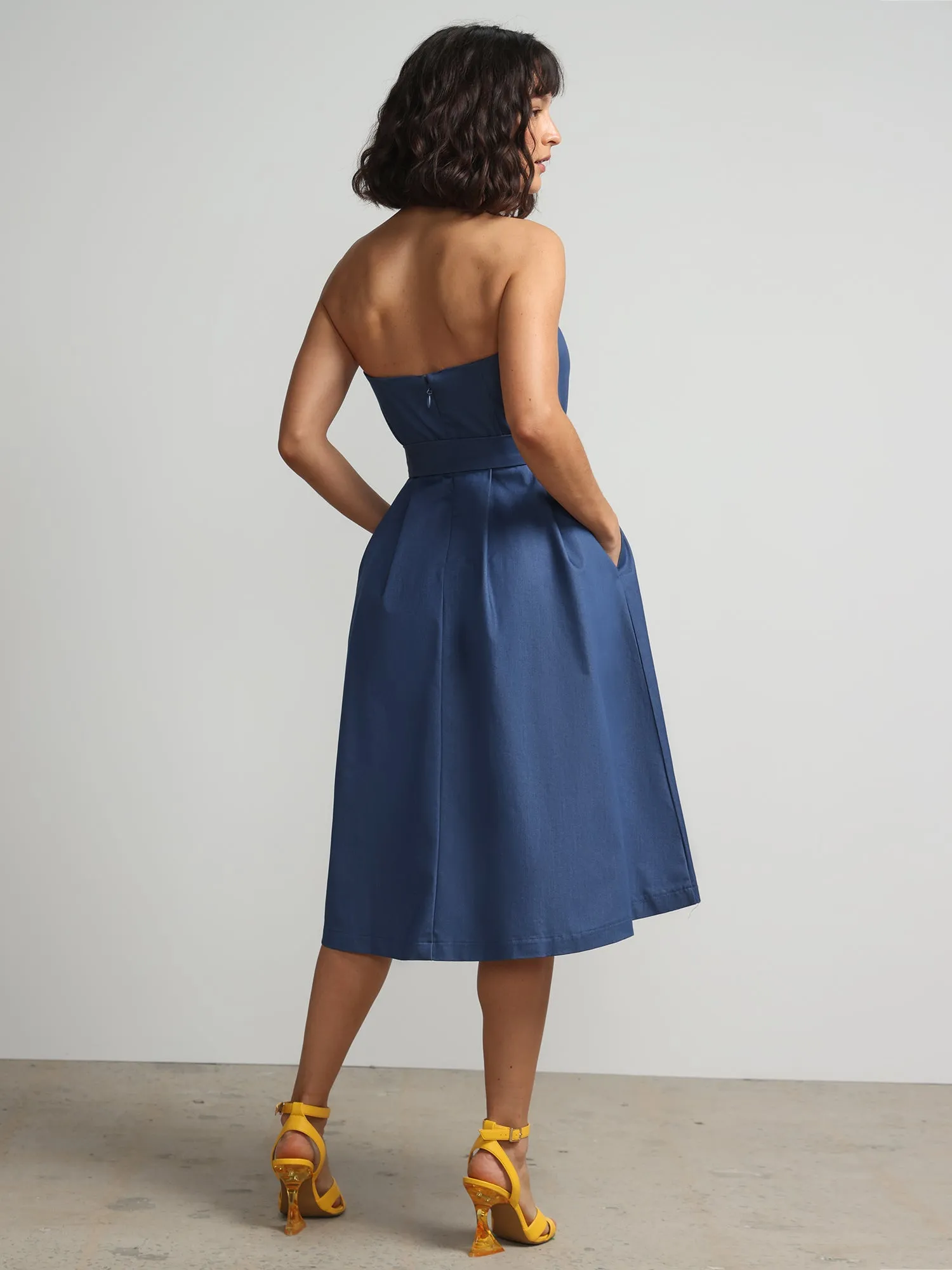 Strapless Belted Denim Flare Dress