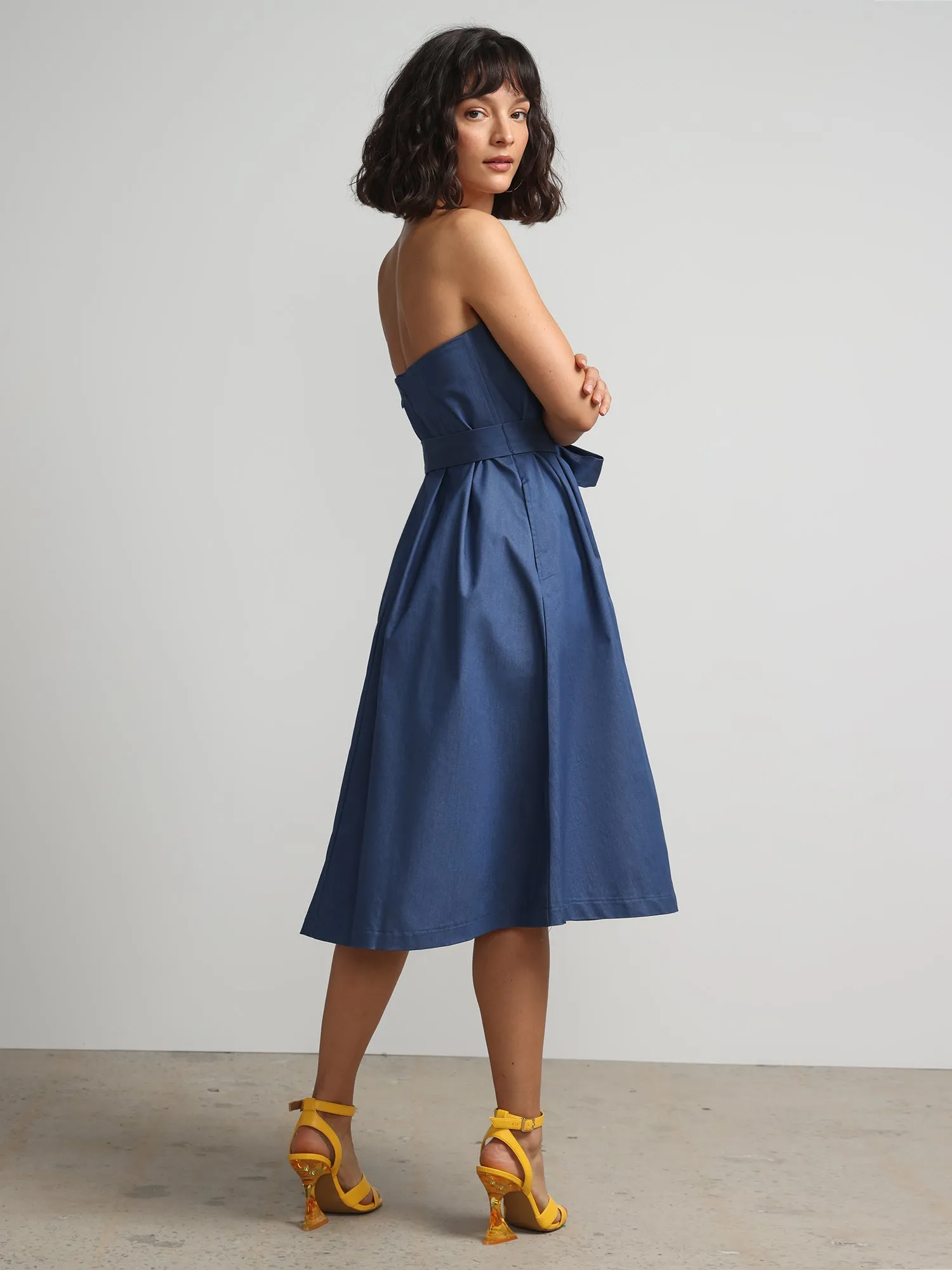 Strapless Belted Denim Flare Dress