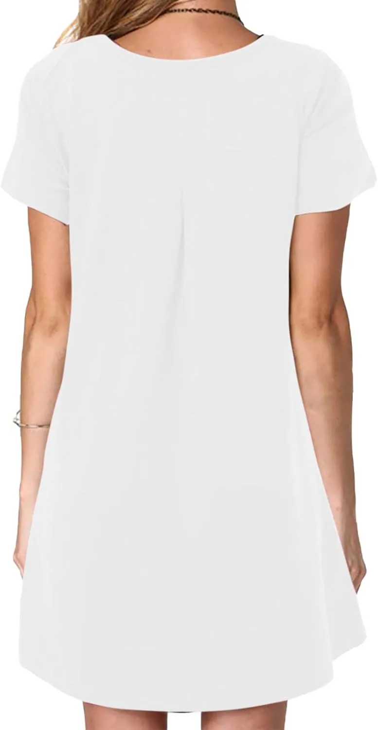 Sun Dresses Women Casual Loose Fit Short Sleeve Crew Neck Mini Dress Summer Knee Length T Shirt Dress with Pockets