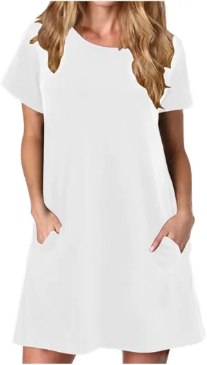 Sun Dresses Women Casual Loose Fit Short Sleeve Crew Neck Mini Dress Summer Knee Length T Shirt Dress with Pockets