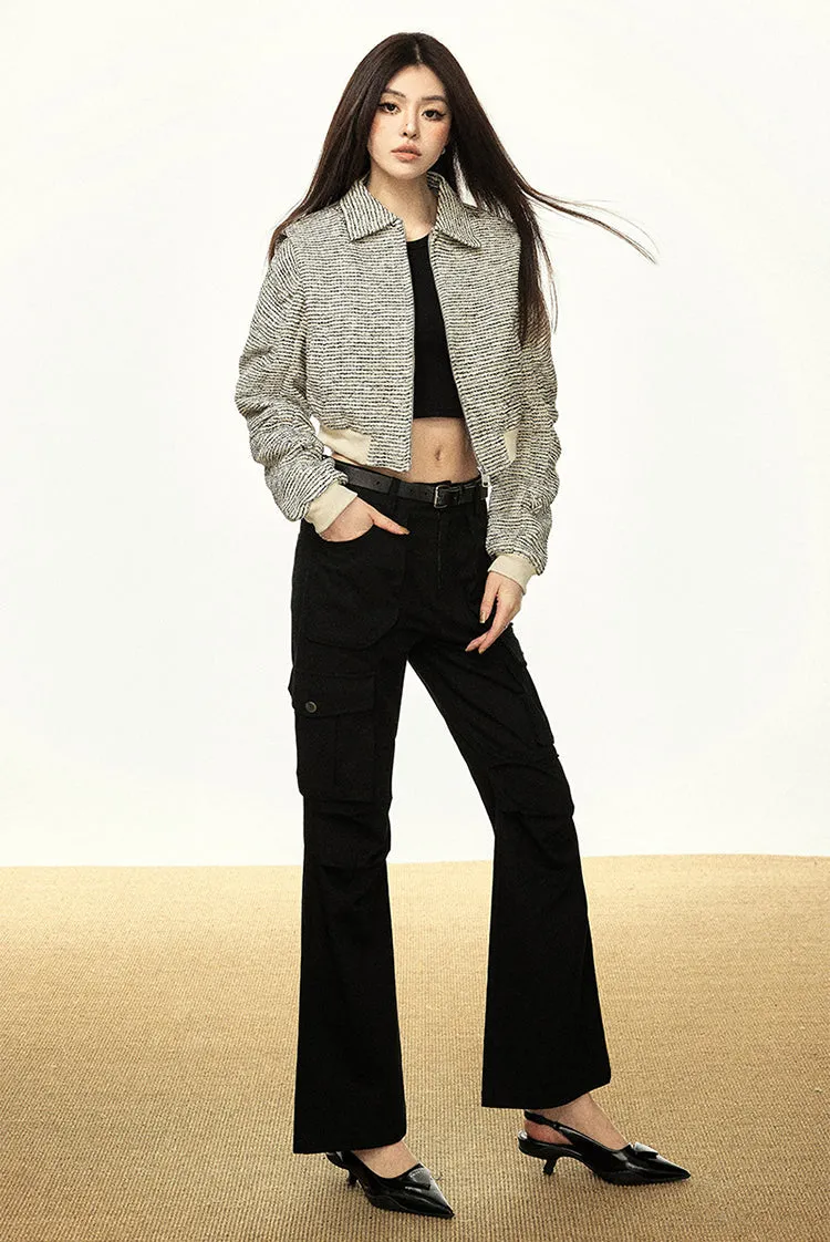 Textured Zip-Up Cropped Jacket with Contrast Ribbed Trim
