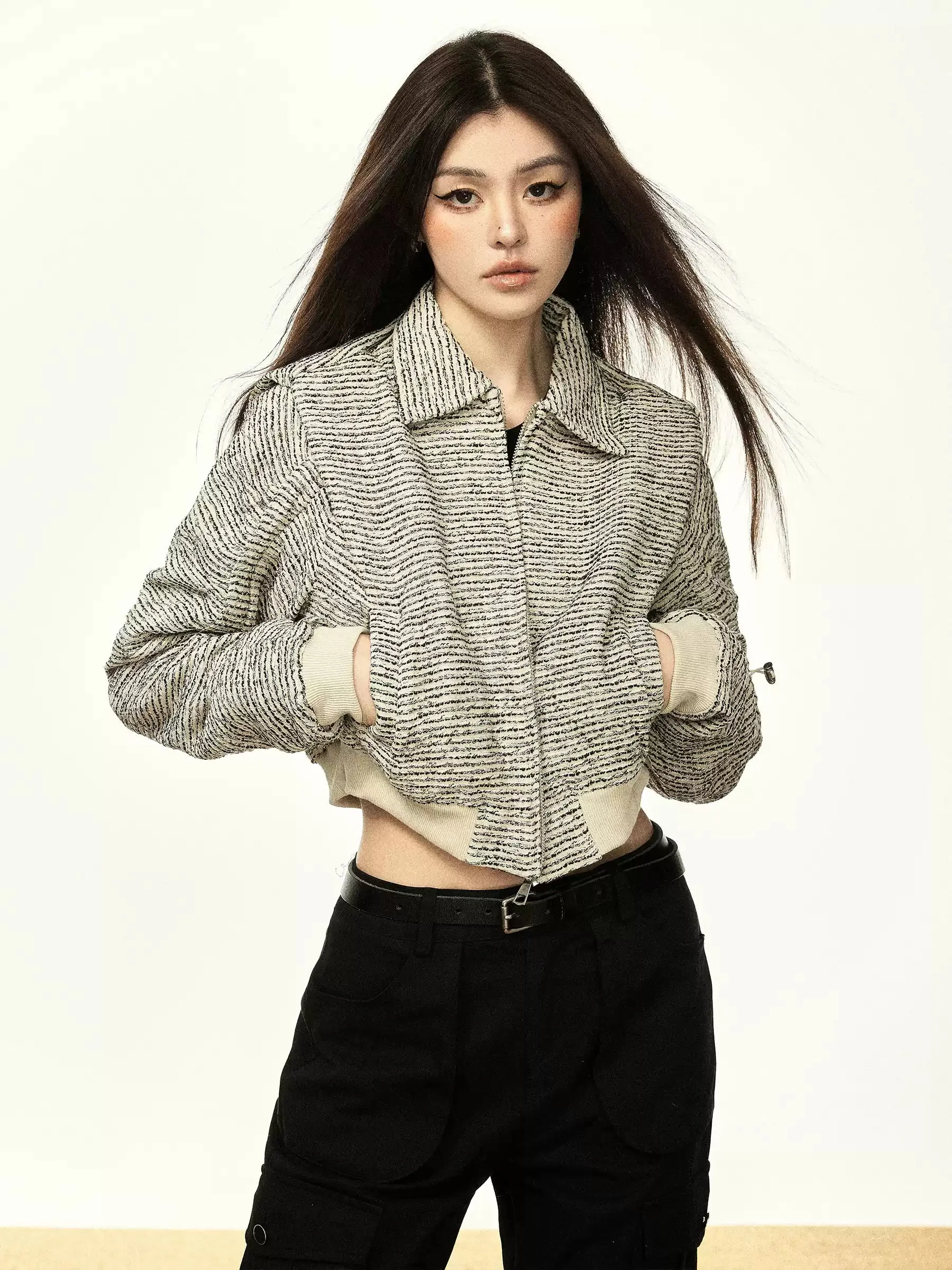 Textured Zip-Up Cropped Jacket with Contrast Ribbed Trim