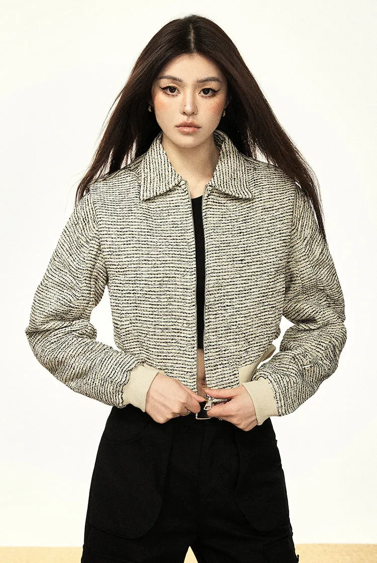 Textured Zip-Up Cropped Jacket with Contrast Ribbed Trim