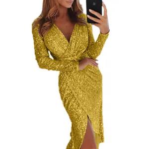 V Neck Long Sleeve Slinky Party Wrap Dress