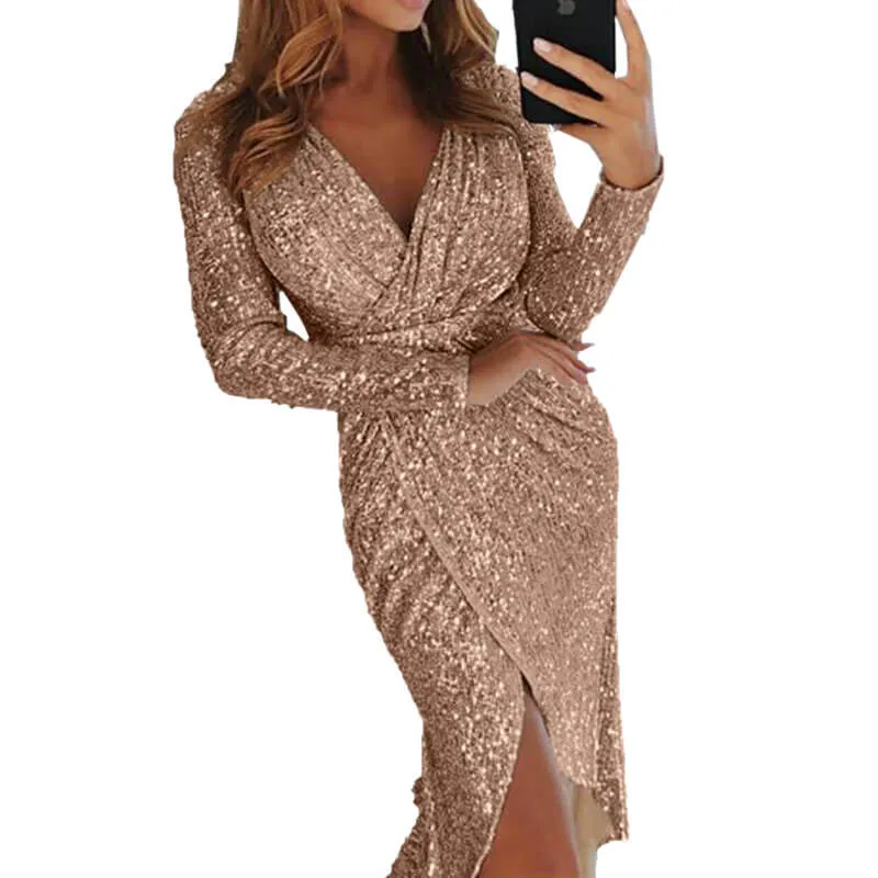 V Neck Long Sleeve Slinky Party Wrap Dress