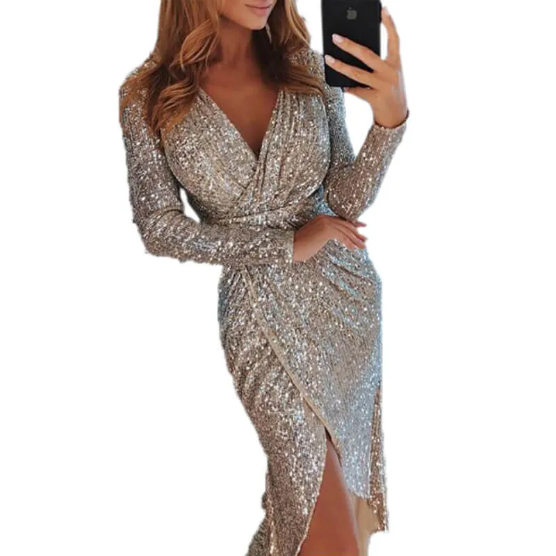 V Neck Long Sleeve Slinky Party Wrap Dress