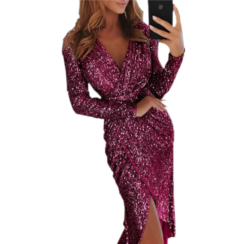 V Neck Long Sleeve Slinky Party Wrap Dress