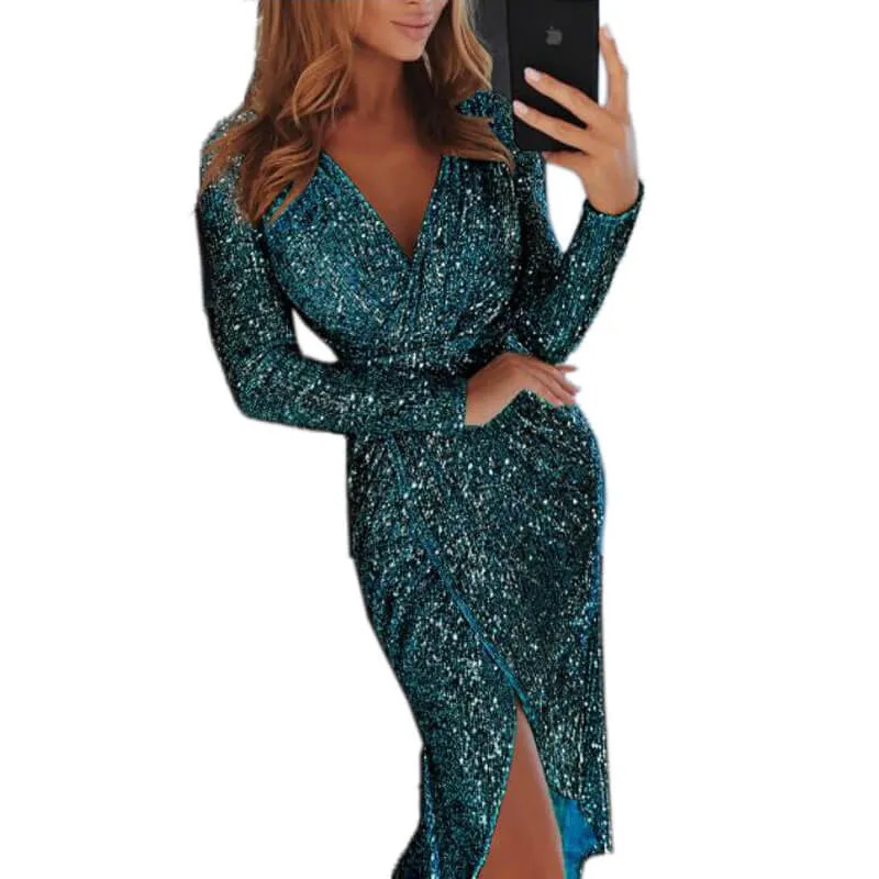 V Neck Long Sleeve Slinky Party Wrap Dress