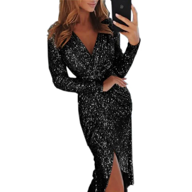 V Neck Long Sleeve Slinky Party Wrap Dress