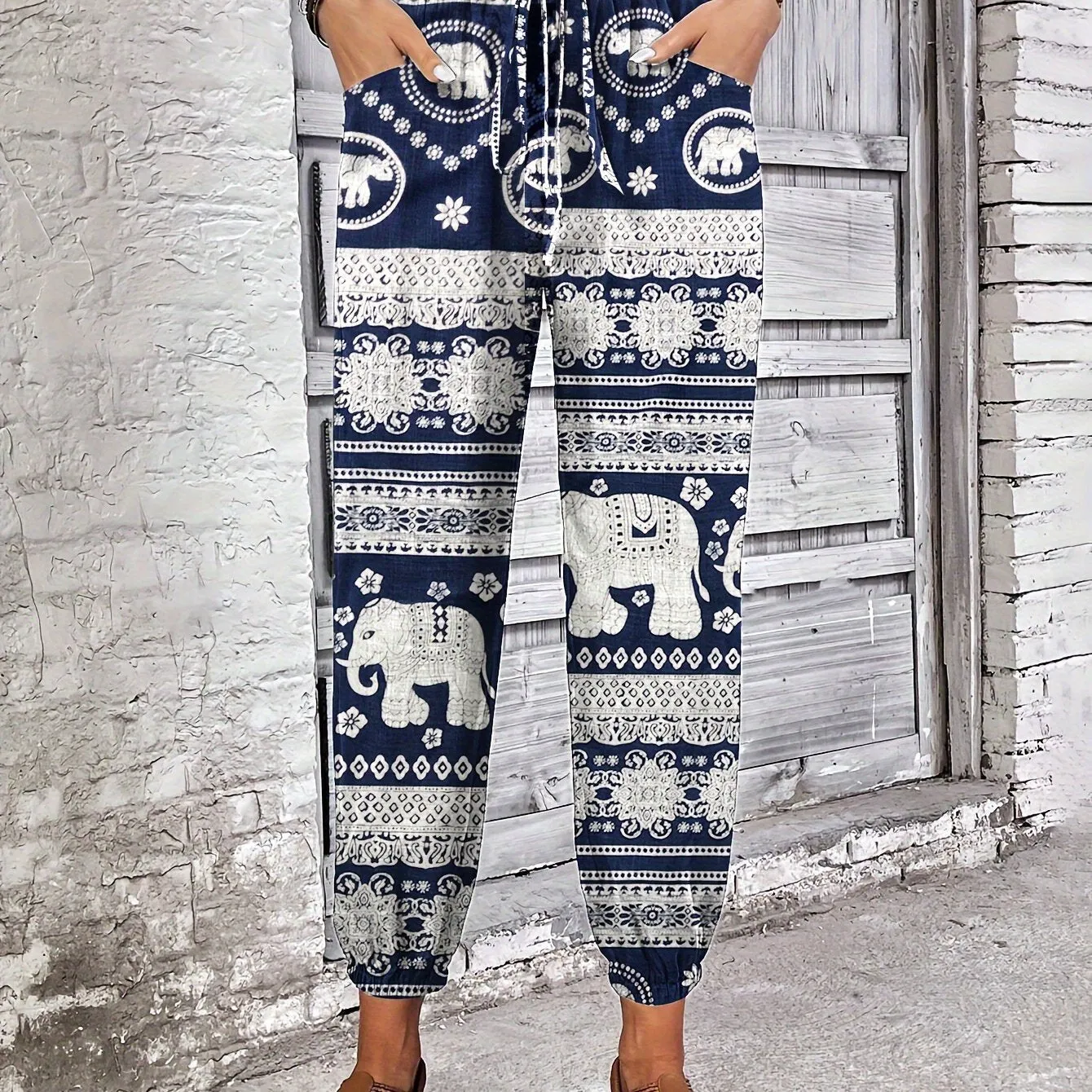 Vibrant Ethnic Print High Waist Jogger Pants for Women - Shirred Waist, Versatile, and Comfortable for Spring & Summer Vacation