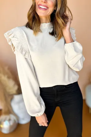 White Frilled Neck Ruffled Trim Long Sleeve Top