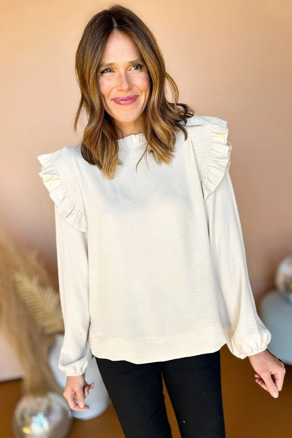 White Frilled Neck Ruffled Trim Long Sleeve Top