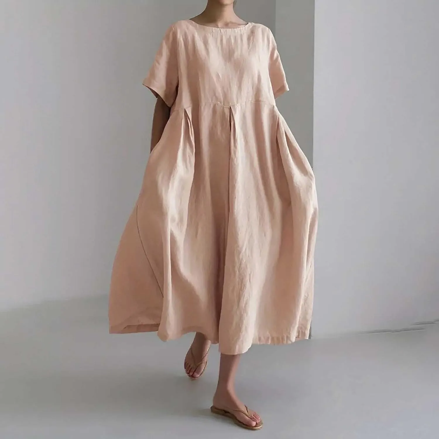 Women Fashion Solid Loose Dress Pullover Round Neck Over The Knee Long Skirt Womens Jean Shirt Dress