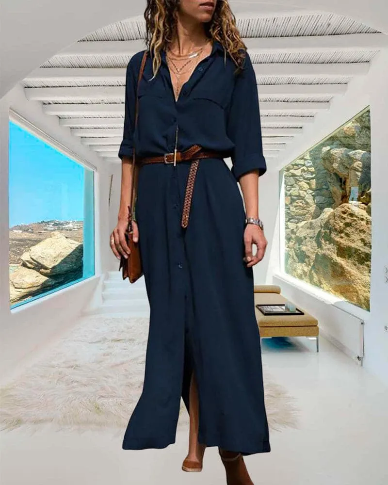 Women's Button-Down Shirt Dress - Ankle Length - Collared Neck - Rolled-Up Sleeves - Belted Waist