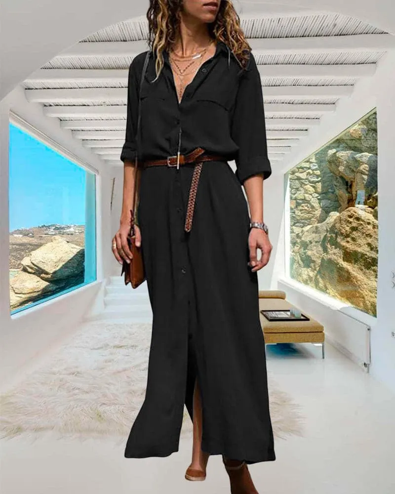 Women's Button-Down Shirt Dress - Ankle Length - Collared Neck - Rolled-Up Sleeves - Belted Waist