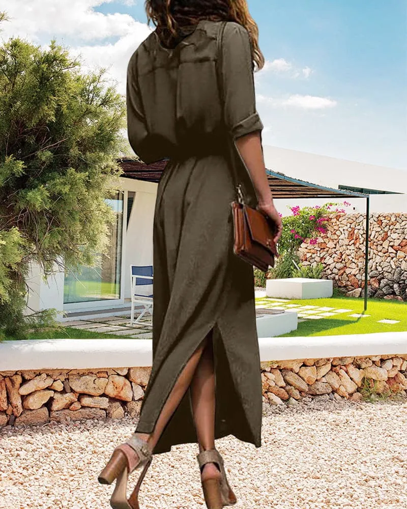 Women's Button-Down Shirt Dress - Ankle Length - Collared Neck - Rolled-Up Sleeves - Belted Waist