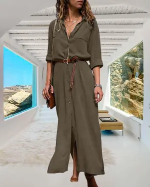 Women's Button-Down Shirt Dress - Ankle Length - Collared Neck - Rolled-Up Sleeves - Belted Waist