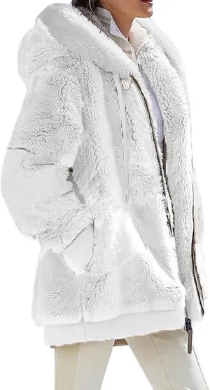 Womens Coats Fuzzy Fleece Cardigan Winter Warm Zip Up Hooded Sherpa Jackets 2024 Fluffy Outerwear with Pocket S-5XL
