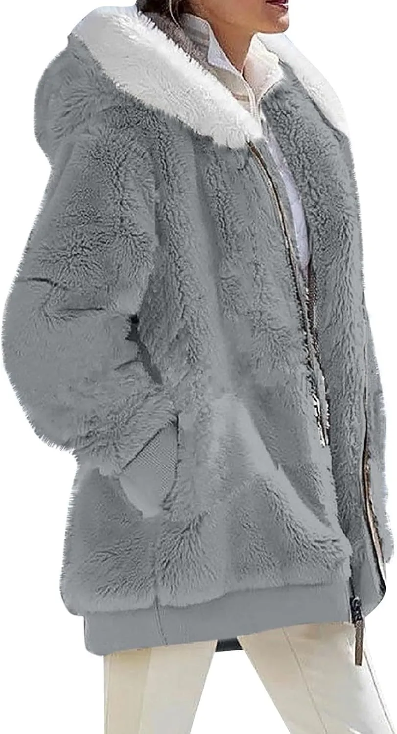 Womens Coats Fuzzy Fleece Cardigan Winter Warm Zip Up Hooded Sherpa Jackets 2024 Fluffy Outerwear with Pocket S-5XL