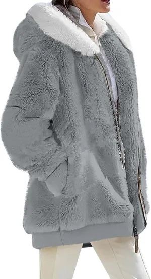 Womens Coats Fuzzy Fleece Cardigan Winter Warm Zip Up Hooded Sherpa Jackets 2024 Fluffy Outerwear with Pocket S-5XL