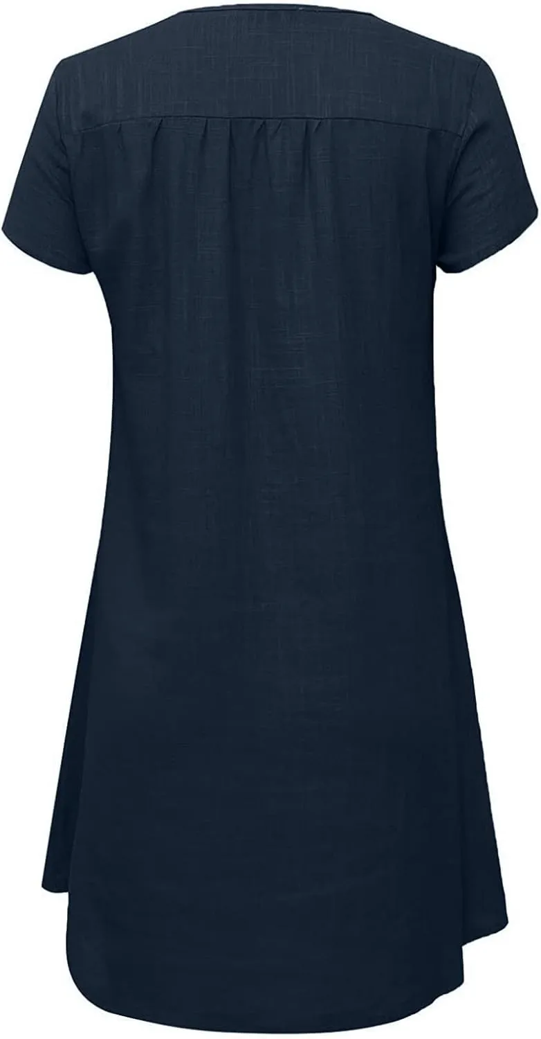 Women's Cotton Linen Midi Dress V Neck Short Sleeve Causal Loose Tshirt Dresses Summer Split 2025 Plus Size Dress