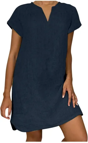 Women's Cotton Linen Midi Dress V Neck Short Sleeve Causal Loose Tshirt Dresses Summer Split 2025 Plus Size Dress