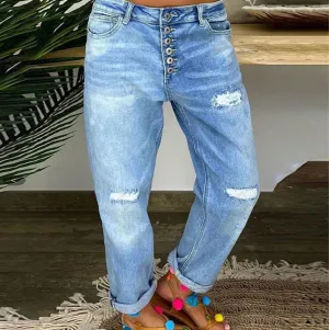 Women's Distressed Boyfriend Jeans - Relaxed Fit - Button Fly - Casual Denim
