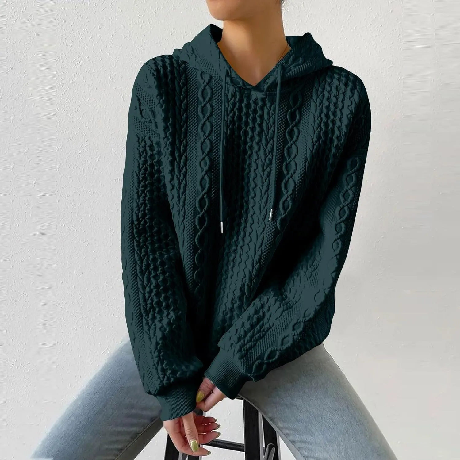 Women's Hoodie Long Sleeve Knit Solid Color Drawstring Sweatshirts 2024 Fall Winter Fashion Warm Pullover Hoodies